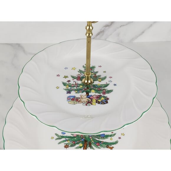 Nikko Happy Holidays Two Tier Serving Tray Christmas Green Trim Japan w/ Box - Picture 5 of 16
